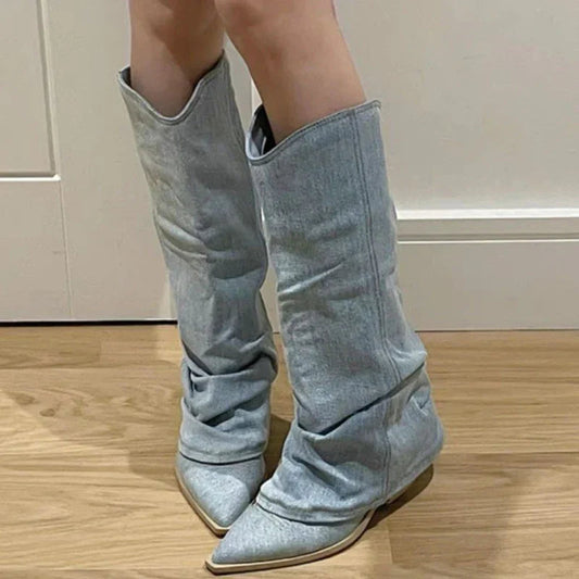 Slouchy Denim Knee-High Boots for Women – Chic & Comfortable Style