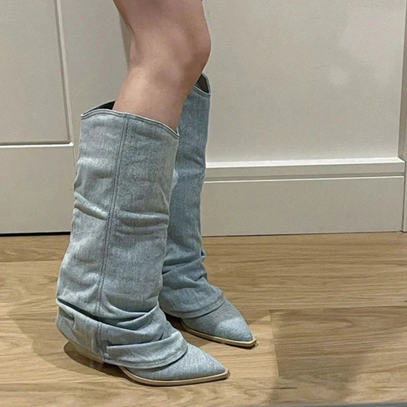 Slouchy Denim Knee-High Boots for Women – Chic & Comfortable Style