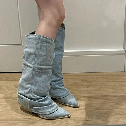 Slouchy Denim Knee-High Boots for Women – Chic & Comfortable Style