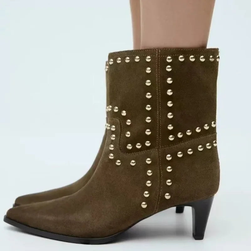 Studded Suede Booties for Women – Chic & Stylish with Thin Heel