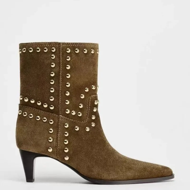 Studded Suede Booties for Women – Chic & Stylish with Thin Heel