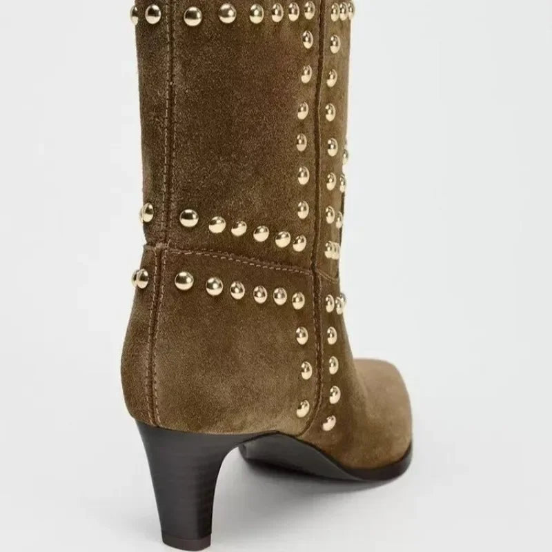 Studded Suede Booties for Women – Chic & Stylish with Thin Heel