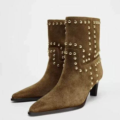 Studded Suede Booties for Women – Chic & Stylish with Thin Heel