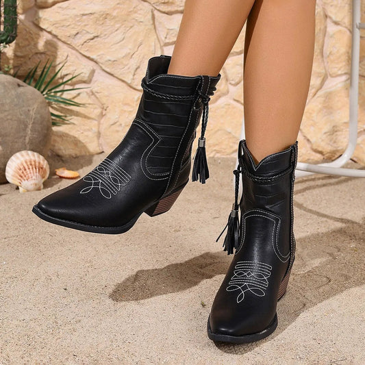 Stylish Ankle Cowboy Boots for Women – Trendy Tassel & Stitch Design