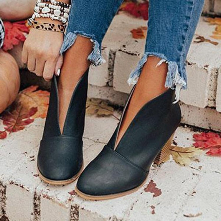 V-Cut Black Ankle Boots for Women – Chic & Comfortable Everyday Style