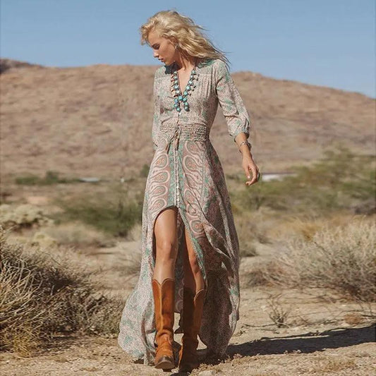 V-Neck Floral Maxi Dress for Women – Effortless Boho Style & Comfort-Caliboot