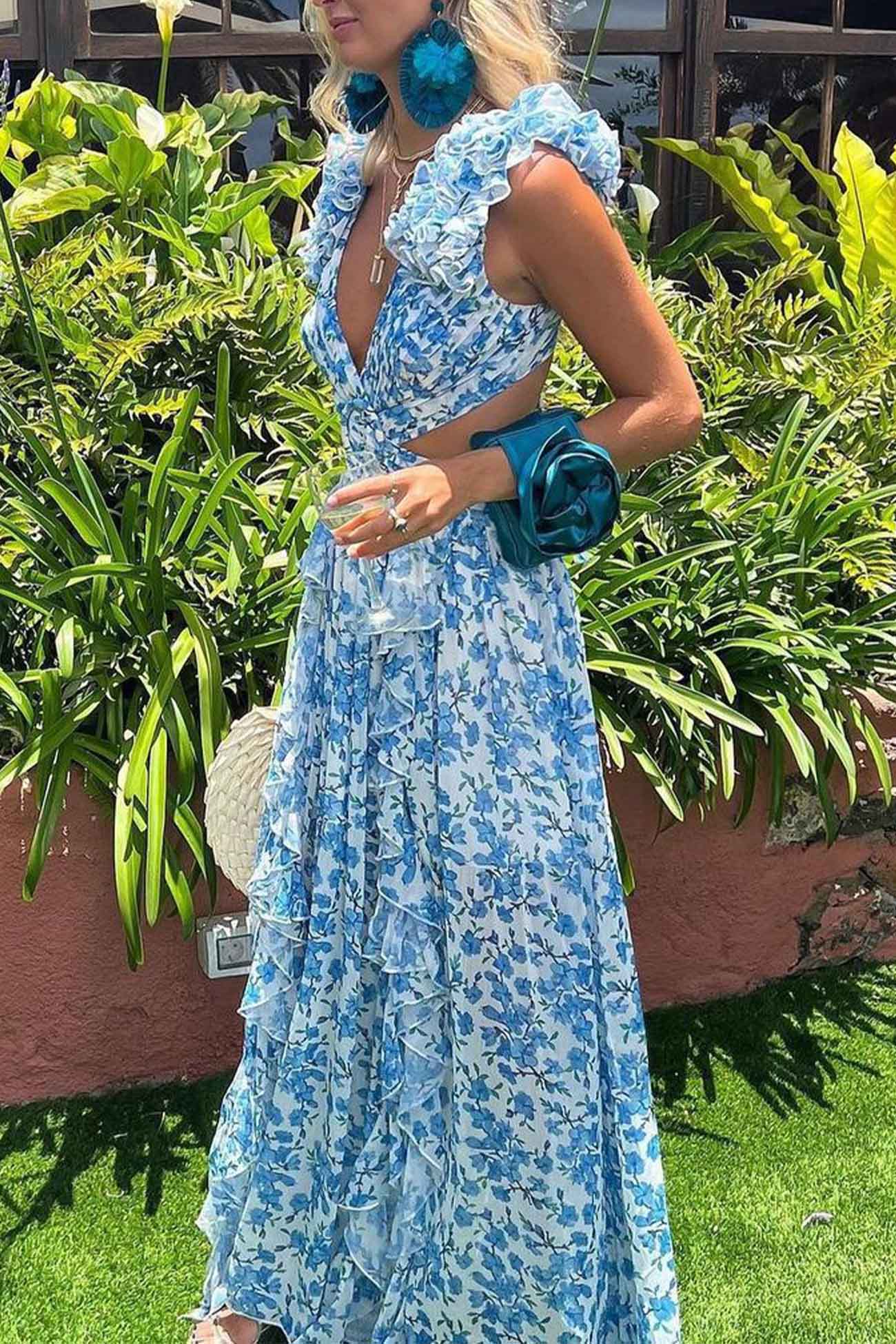 V-Neck Floral Maxi Dress for Women – Elegant & Flowing-Caliboot