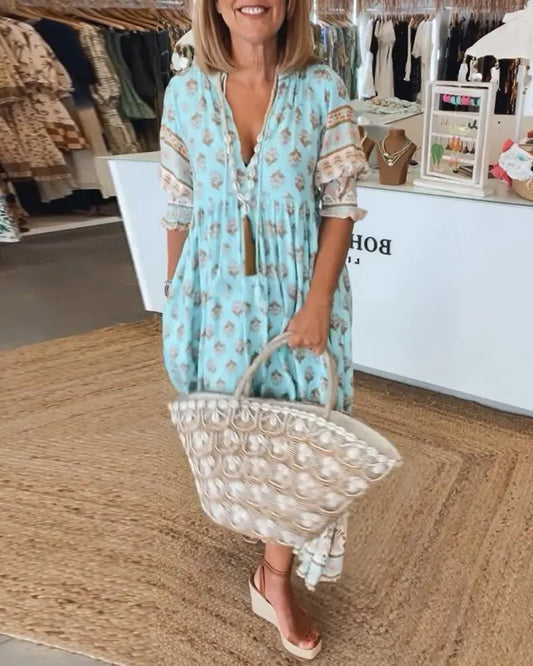 V-Neck Half-Sleeve Dress for Women – Bold Print & Effortless Comfort 0