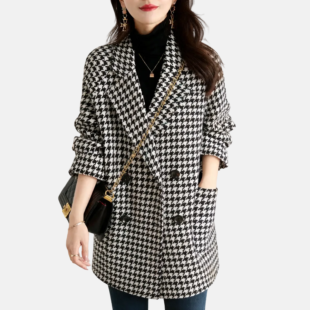 Double-Breasted Check Knee-Length Coat for Women – Cozy & Stylish Design Caliboot