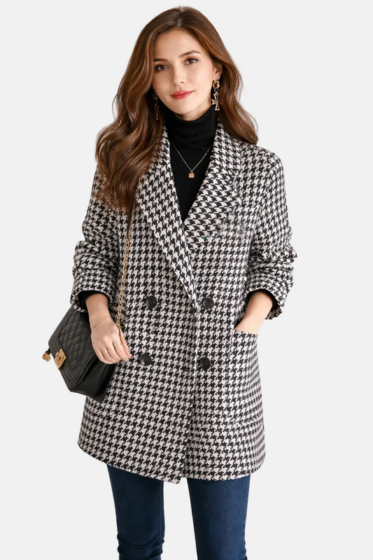 Women's Double-Breasted Check Coat – Relaxed Fit – Notched Lapel – Knee Length Caliboot