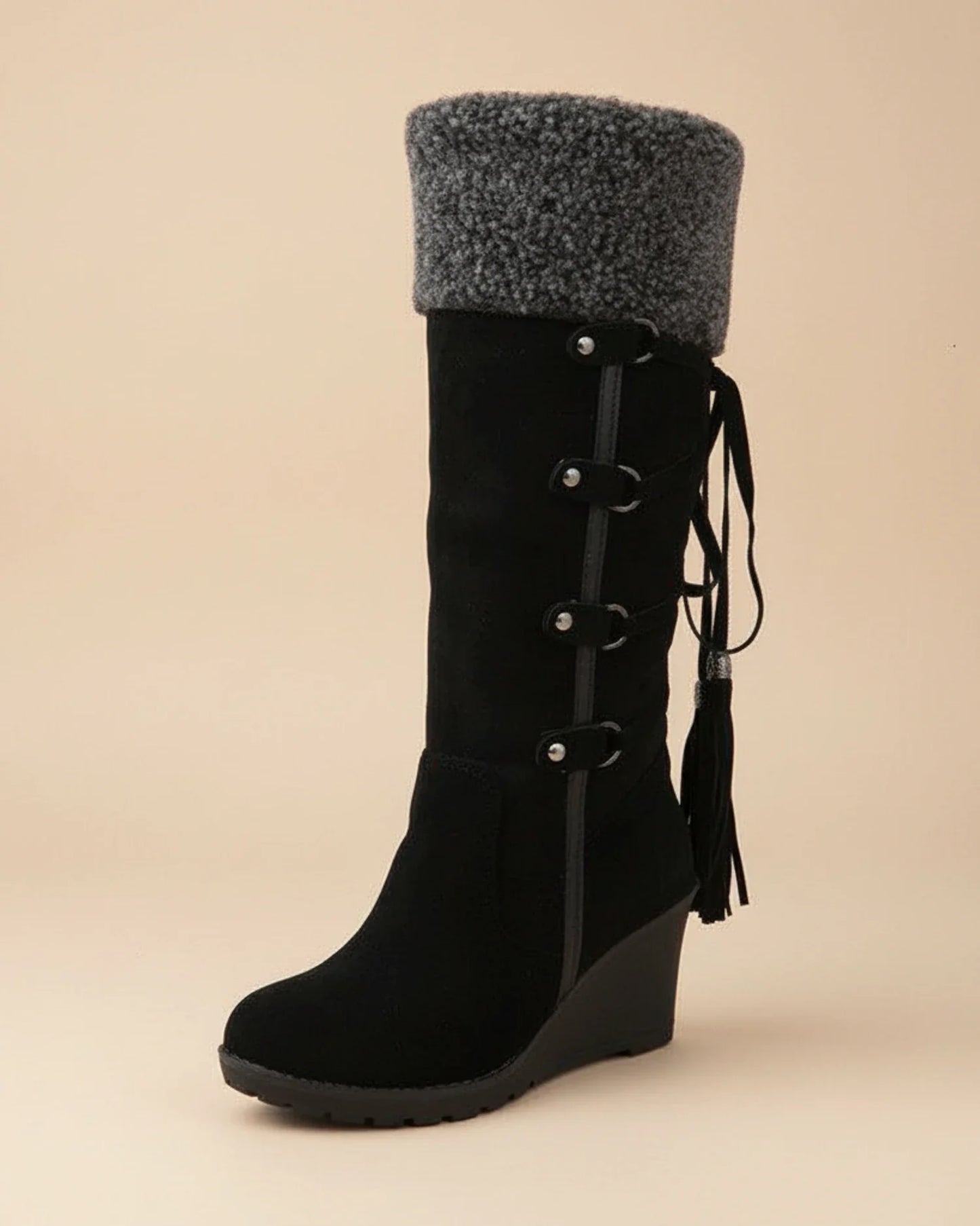 Cuff Buckle Strap Knee-High Wedge Boots for Women – Cozy & Stylish