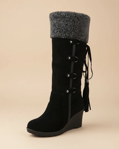 Cuff Buckle Strap Knee-High Wedge Boots for Women – Cozy & Stylish