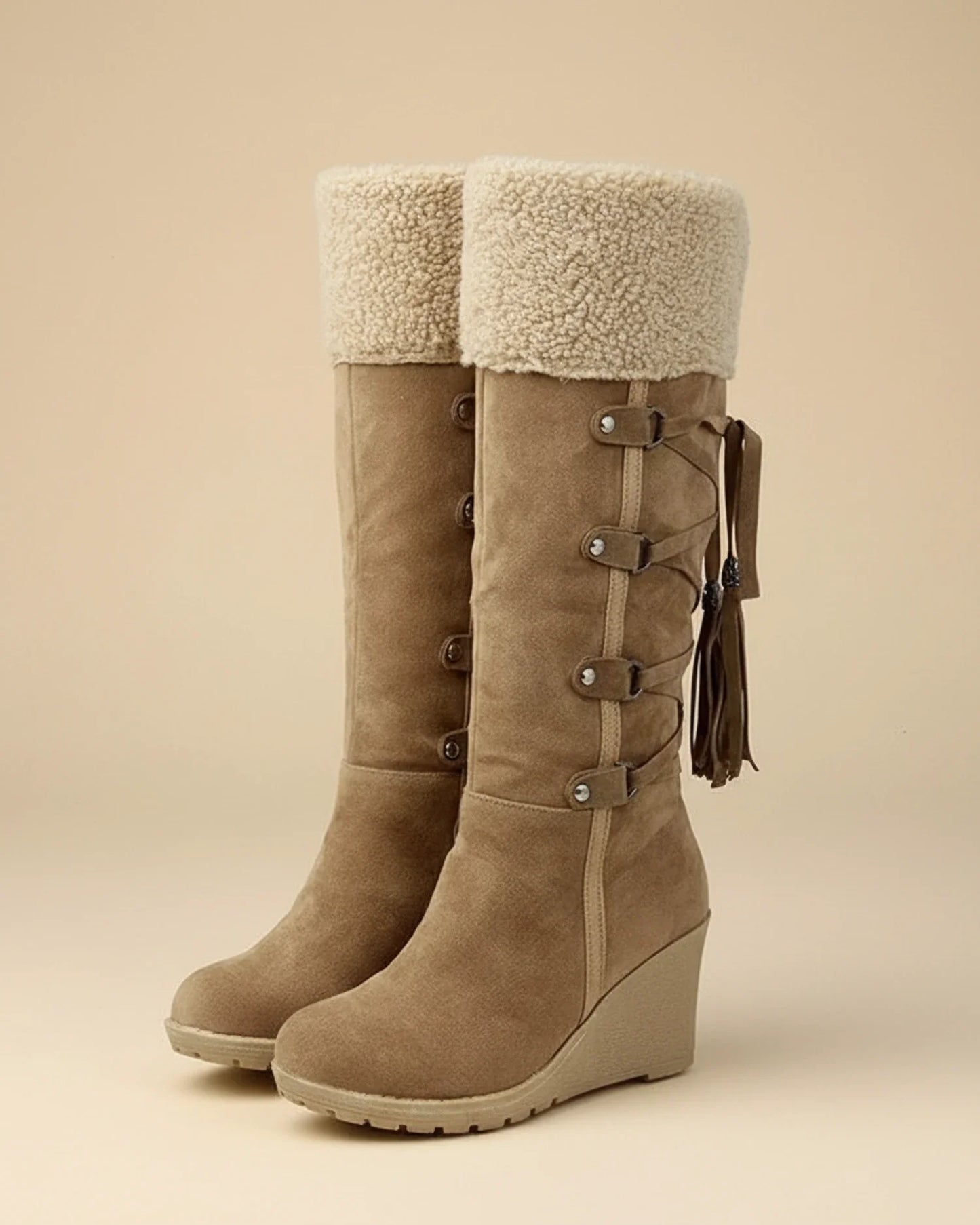 Cuff Buckle Strap Knee-High Wedge Boots for Women – Cozy & Stylish