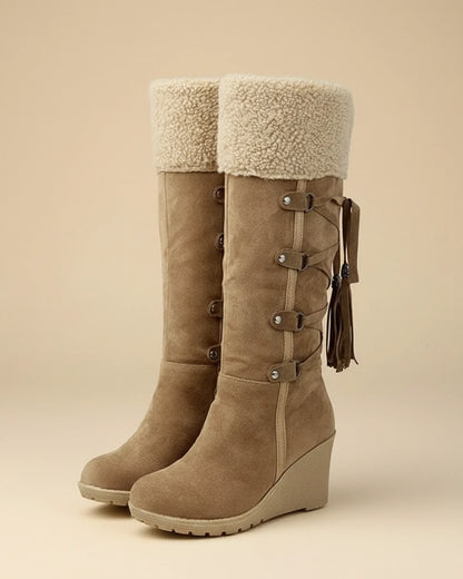 Cuff Buckle Strap Knee-High Wedge Boots for Women – Cozy & Stylish