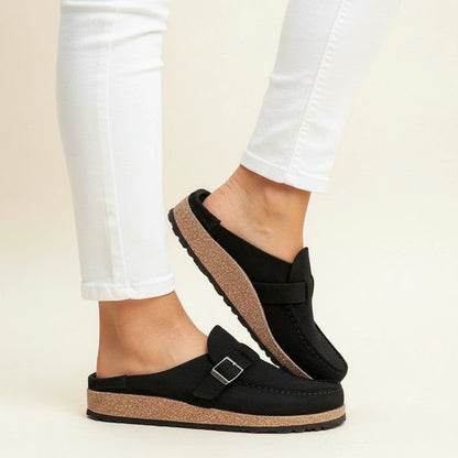 Chunky Sole Buckle Moc Toe Slip-On Mules for Women – Orthopedic Comfort & Style