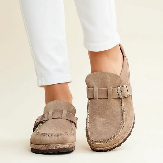 Chunky Sole Buckle Moc Toe Slip-On Mules for Women – Orthopedic Comfort & Style